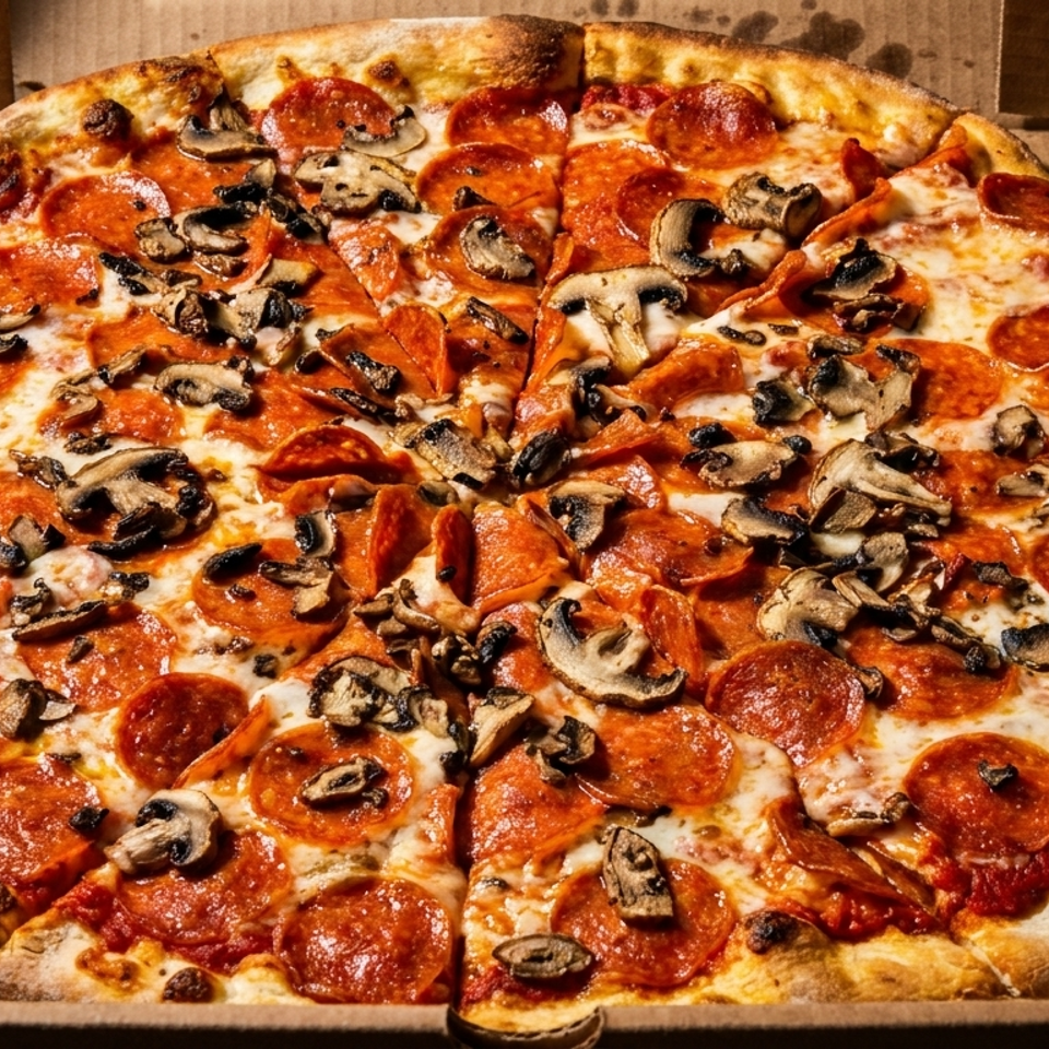 Large pepperoni and mushroom pizza with melted cheese in an open cardboard delivery box.