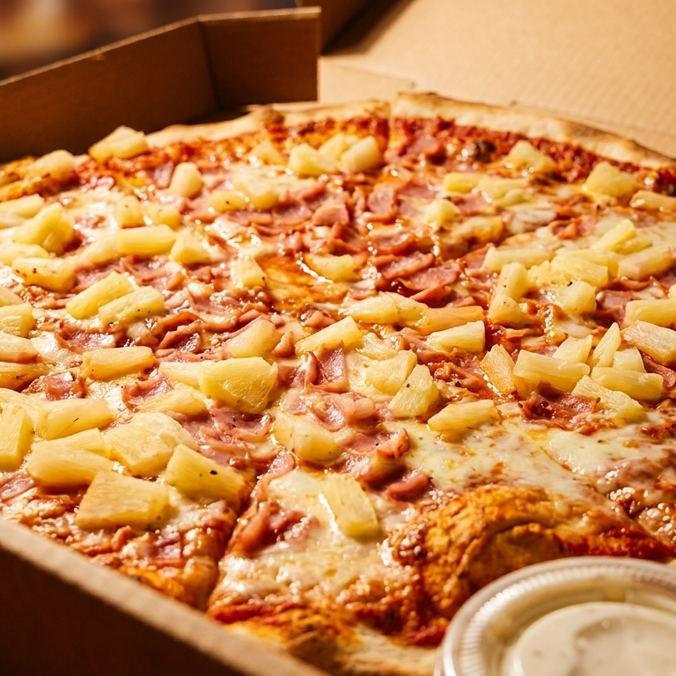 Large ham and pineapple pizza with melted cheese in an open cardboard delivery box, accompanied by a small dipping sauce container.