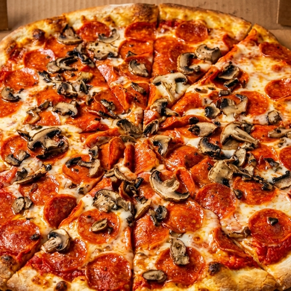 Large pepperoni and mushroom pizza sliced into wedges inside a cardboard delivery box.
