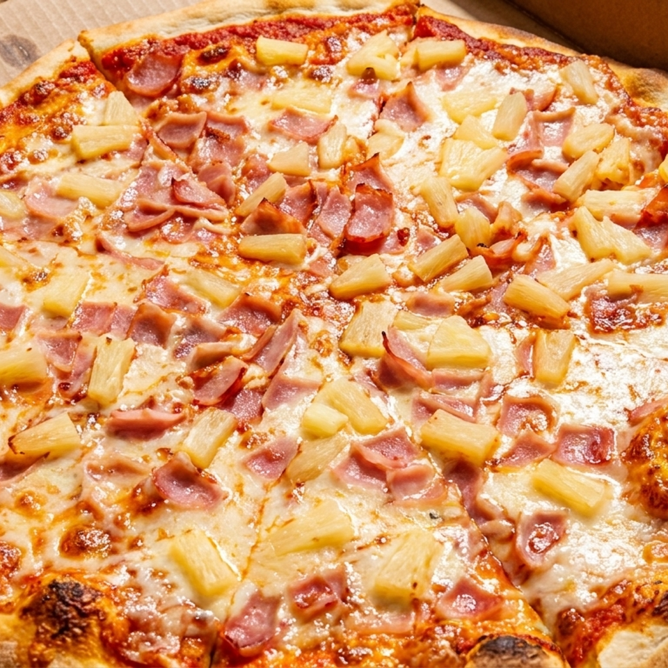 Hawaiian pizza topped with ham and pineapple in an open cardboard delivery box, accompanied by a small container of dipping sauce.