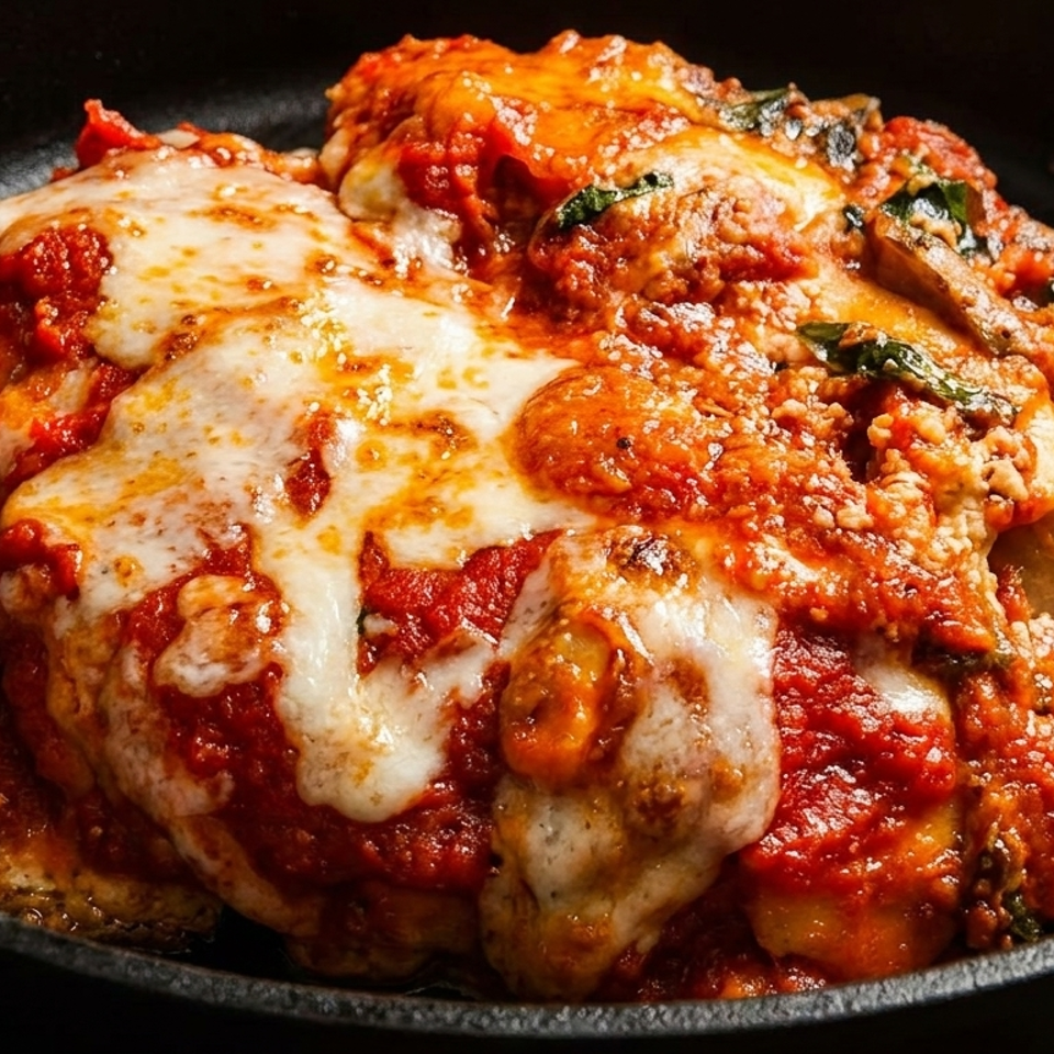 Cheesy chicken parmesan topped with tomato sauce, herbs, and browned mozzarella in a black skillet.